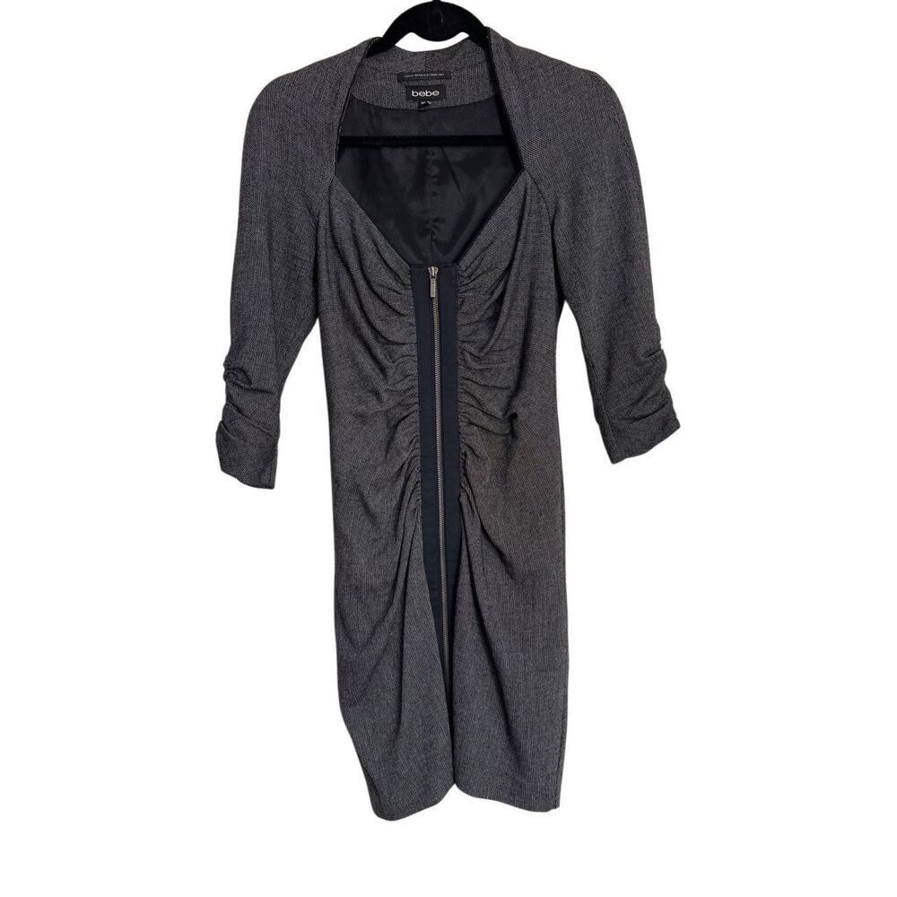 Bebe Dress Womens Size Small Gray Bodycon Zip Front Ruched Wool Blend 3/4 Sleeve